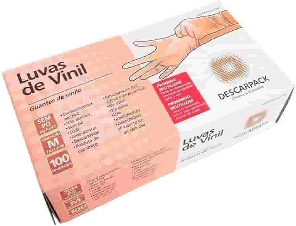 Luva de Vinil Sem Pó Tamanho M Descarpack - Caixa com 100 Unidades
