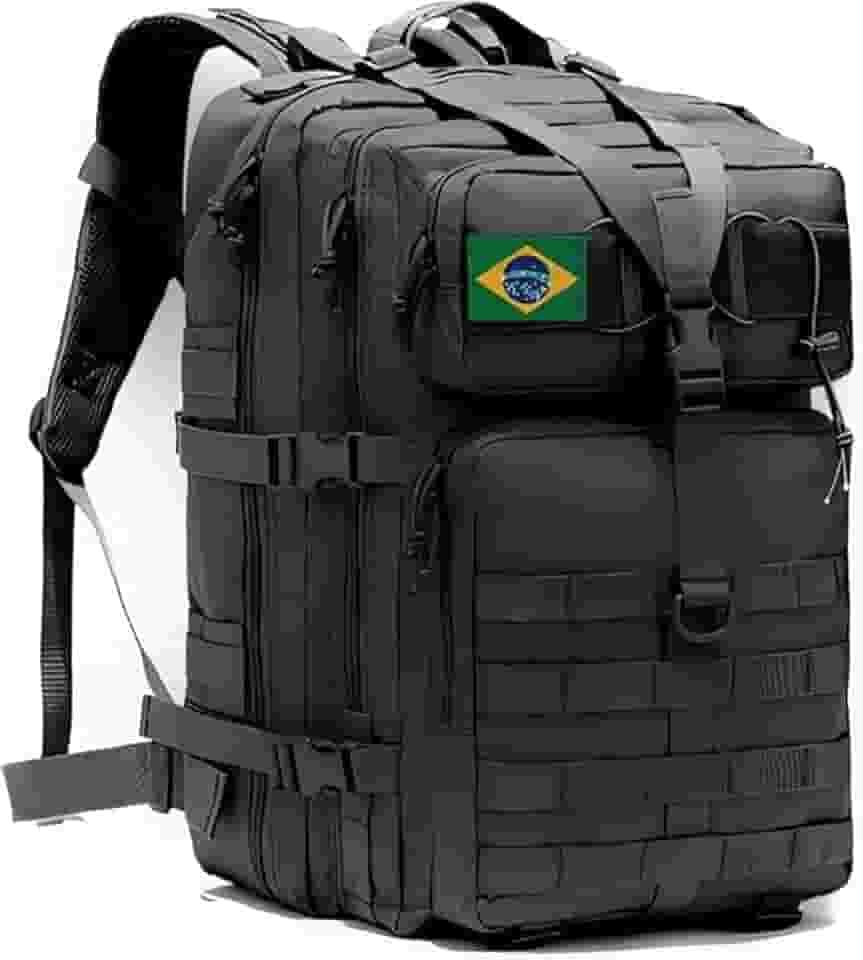 Mochila Militar 50 Litros Reforçada Impermeável Tática a Prova Dagua Grande para Camping Viagem Cargueira Masculina Feminina Notebook Preta com Sistema Molle e Bandeira Next Ecommerce
