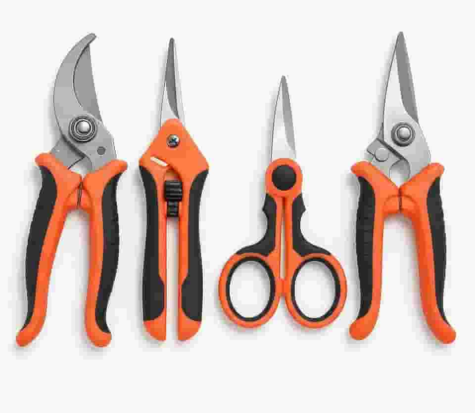 Kit 4 Tesouras de Poda Profissional em Aço Inox - Cabo Ergonômico Laranja - Para Jardinagem, Pomar e Horta - Corte Preciso em Galhos, Folhas e Flores