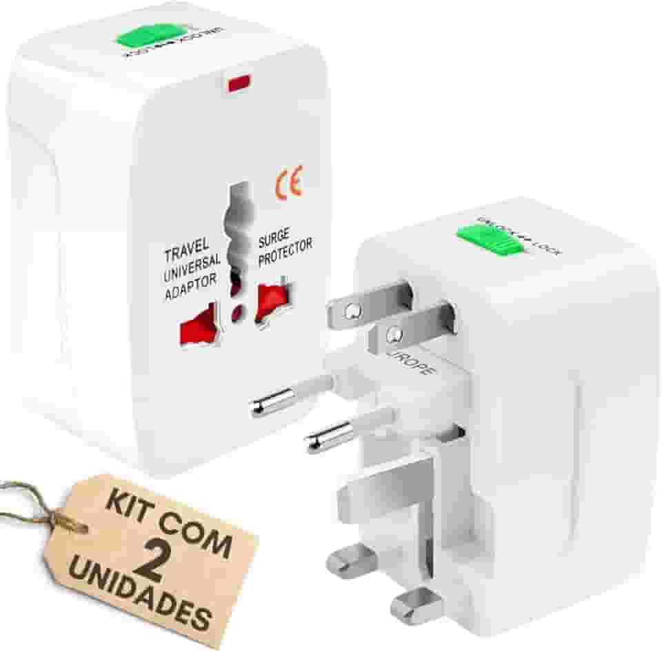 Kit 2 Adaptadores Tomada Universal Padrão Internacional, Adaptador Mais de 150 Países, Para Viagem, Bivolt, EUA, UK, JP, AU, EU - TKLA