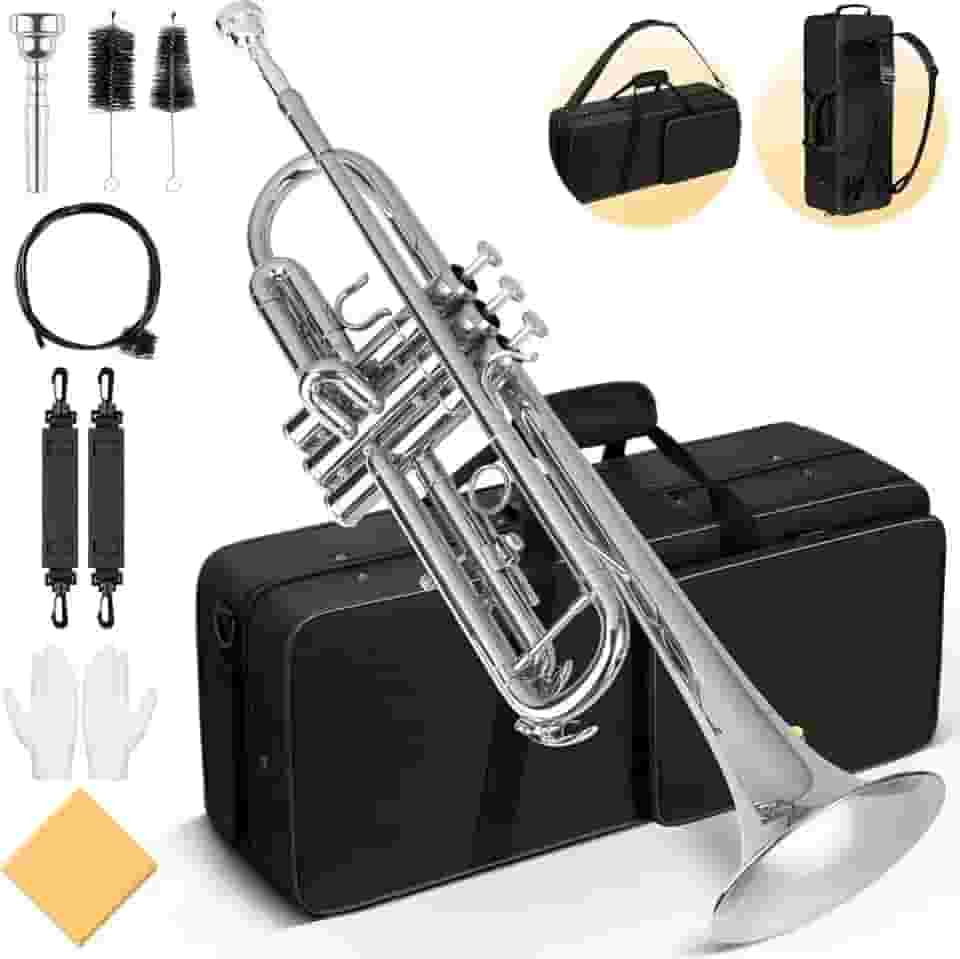 Conjunto de trompete padrão Bb: instrumento de trompete de estudante de cobre com luva de bocal 7C de casca dura, adequado para orquestra de banda de estudante iniciante ou avançada （prata）