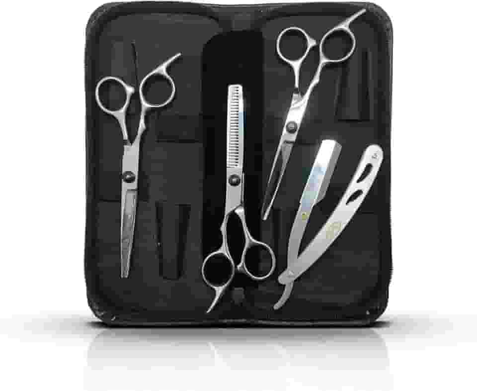 Kit Tesouras Profissionais para Barbeiro 5 Peças – Tesoura de Corte, Desfiadeira, Navalhete e Estojo – Aço Inoxidável para Corte de Cabelo e Barba Inox