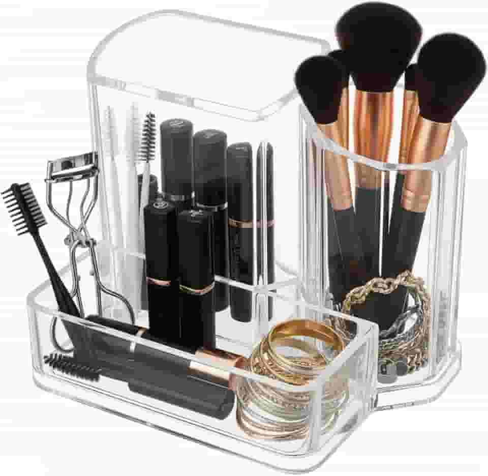 Porta Pincel Organizador Porta Maquiagem Pincéis Batons Acrílico e Cosméticos 3 Divisórias Compacto e Prático Escritorio e Banheiro