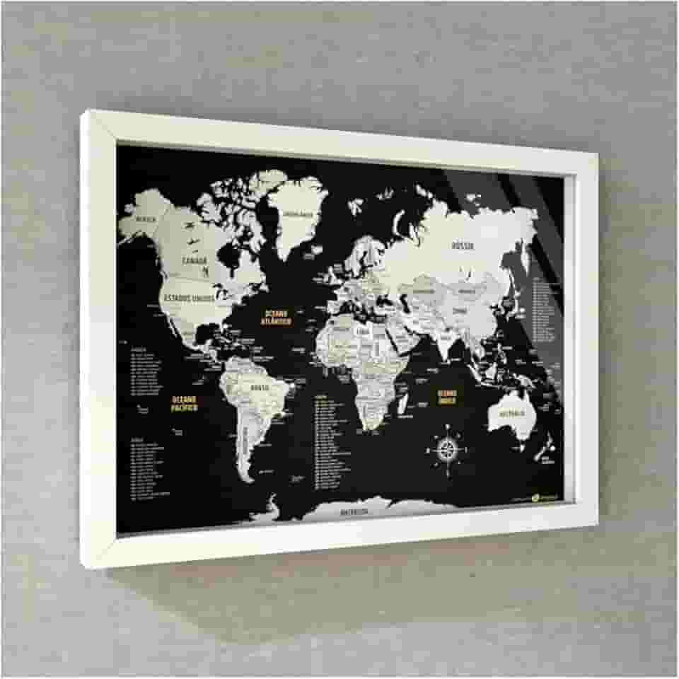 Quadro Box (c/Vidro) - Mapa-Múndi Preto e Branco (Black) + 100 Pins Alfinetes (45x32 / 63x45cm)