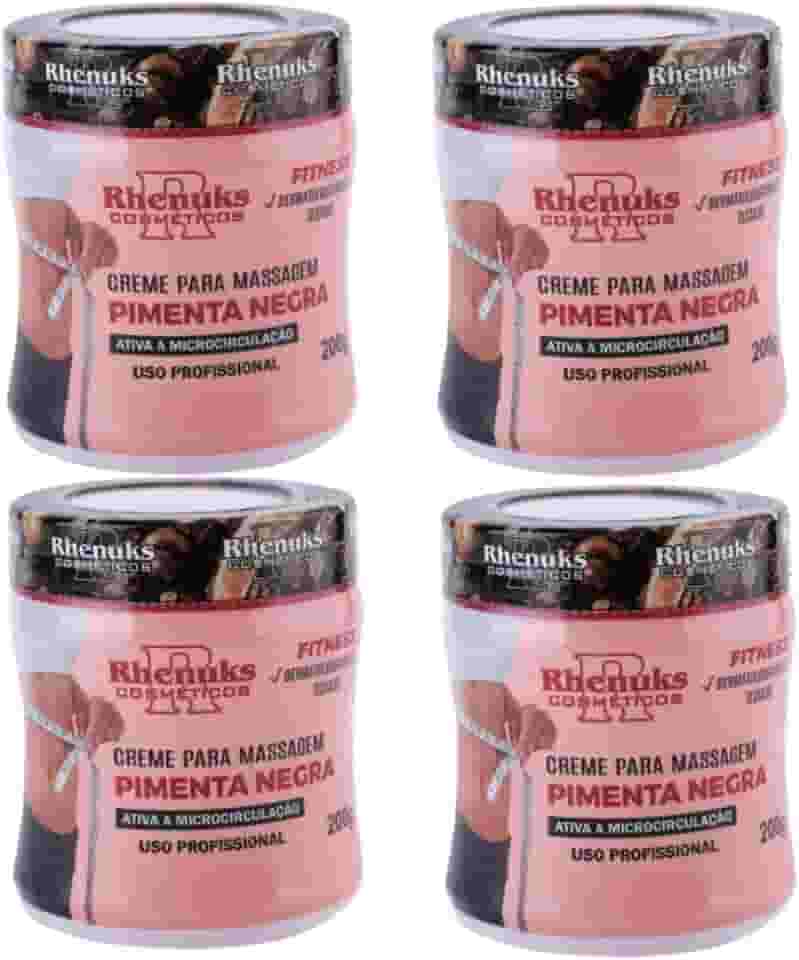 Kit Com 04 Creme Para Massagem Pimenta Negra 200g cada Rhenuks - Ajuda Eliminar Gordura Localizada, Estrias e Celulites
