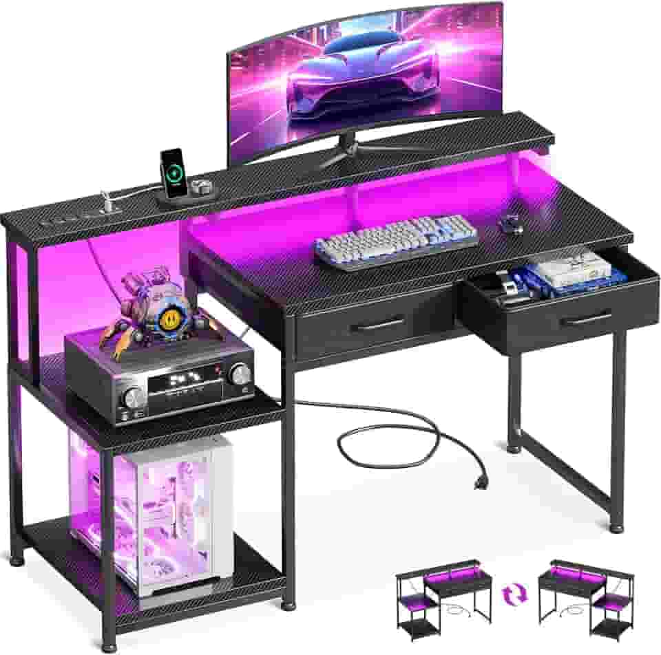 ODK Mesa de jogos com luzes LED e tomada, mesa de computador de 121 cm com gavetas, mesa de escritório com grandes prateleiras de armazenamento, mesa reversível com suporte para monitor para casa