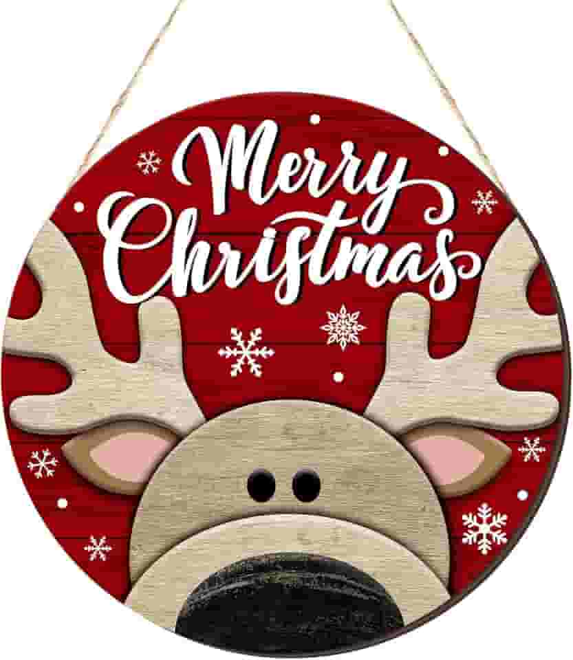 Decoração de porta de rena de Natal, guirlanda de Natal para porta da frente, linda placa redonda de madeira, decoração de Natal para casa de fazenda, varanda, parede, escritório, ambientes