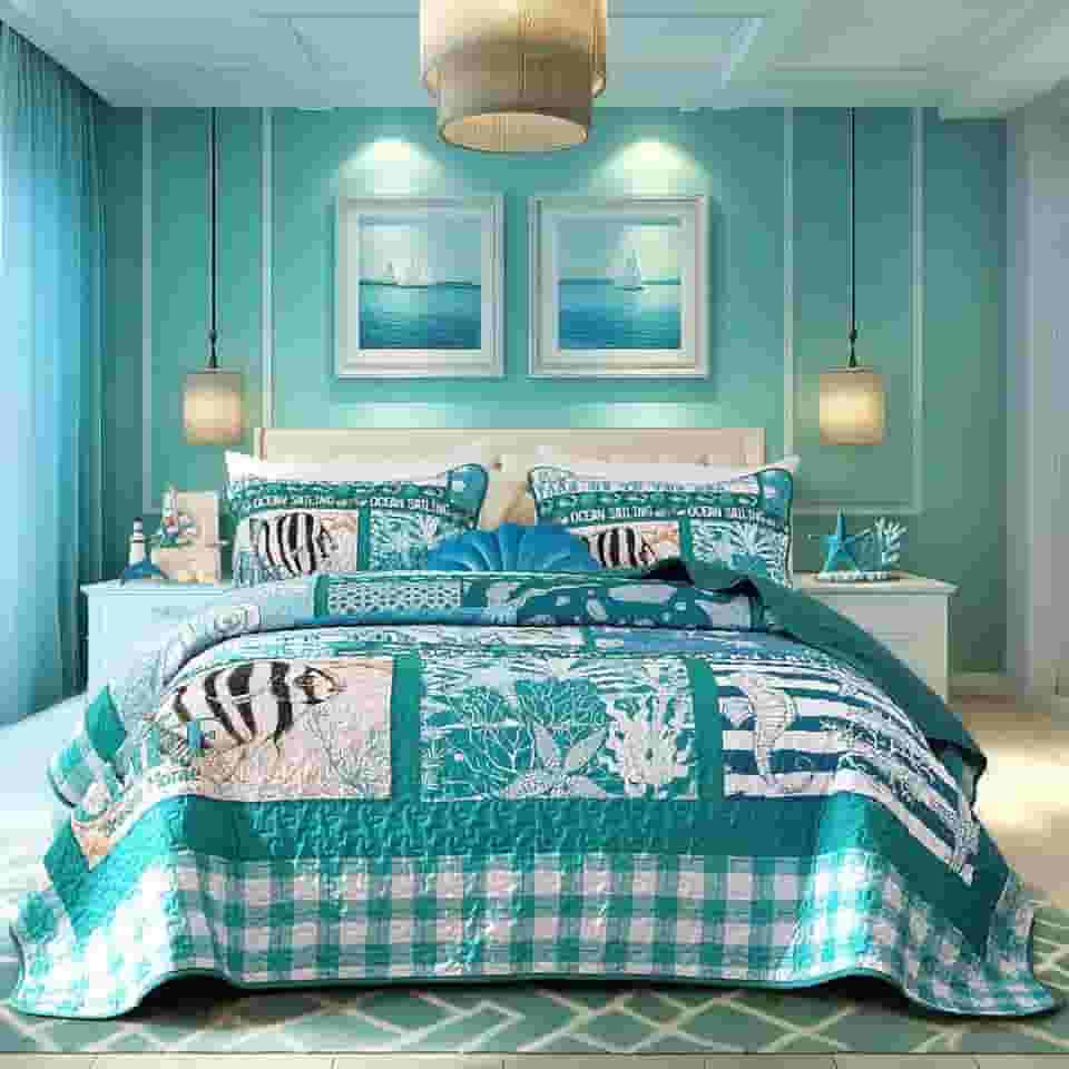 Conjunto de colcha costeira Queen Size 3 peças, colcha de praia de verão, leve, tema verde oceano, xadrez, patchwork, conjunto de edredom de microfibra reversível para todas as estações