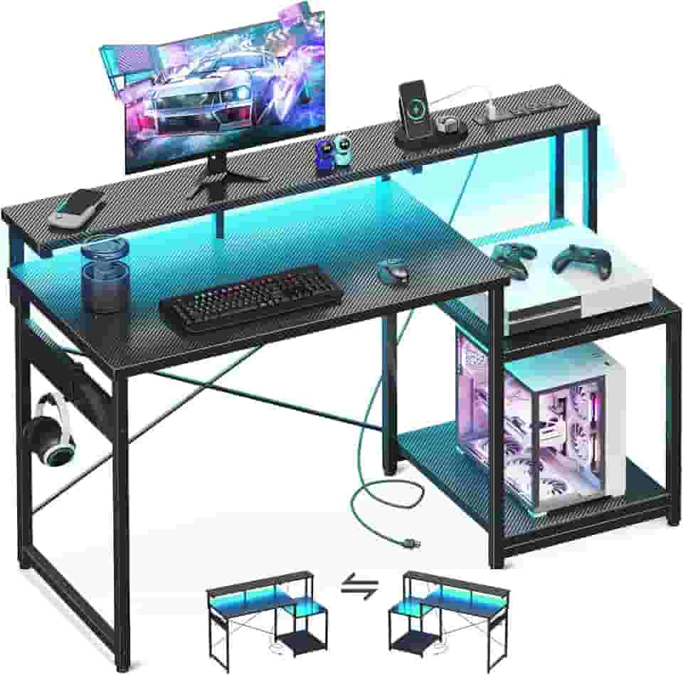 AODK Mesa de computador, mesa de jogos de 121 cm com luzes LED e tomada, mesa de escritório com prateleiras de armazenamento, mesa reversível com prateleira para monitor e gancho para fone de ouvido