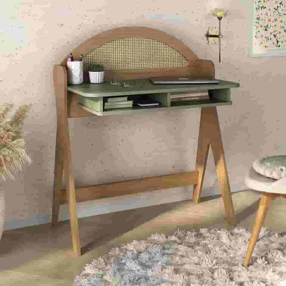 Escrivaninha com nichos impressão palha 3D 100% MDF CECI cor Carvalho/Menta - Artely