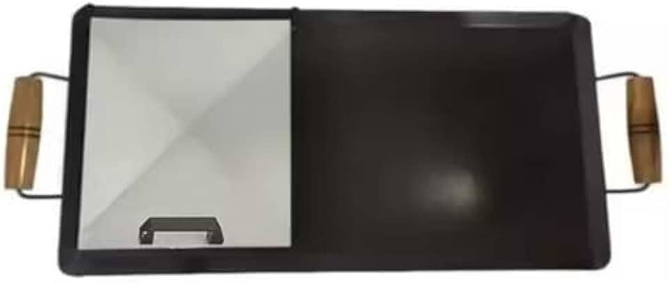 Chapa para Hambúrguer Profissional, Aço Carbono, 30x60cm, com Abafador e Alças em Madeira, para Lanches e Churrasqueira