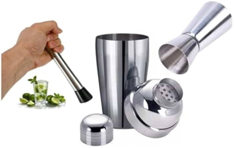 Kit Inox Caipirinha Drinks Coqueteleira Dosador Socador