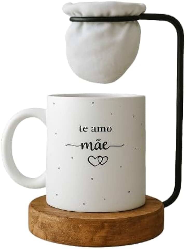 Kit Dia das Mães, Caneca 'Te Amo Mãe' com Mini Coador de Café, Base em Madeira
