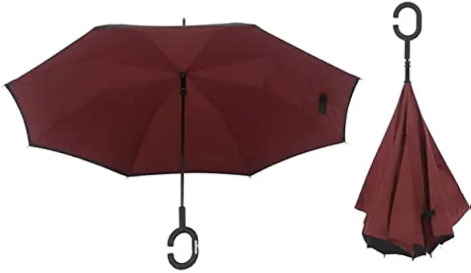 Guarda Chuva Invertido Sombrinha Abre Fecha ao Contrário Duplo Tecido Cor:Bordô