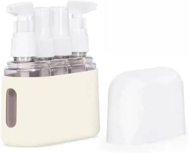 Kit 4 Frascos para Viagem Com Case – Frascos Portáteis Reutilizáveis para Shampoo, Cremes e Cosméticos – Mini Potes para Mala de Mão e Avião - acompanha Case de Silicone com Tampa (Bege)