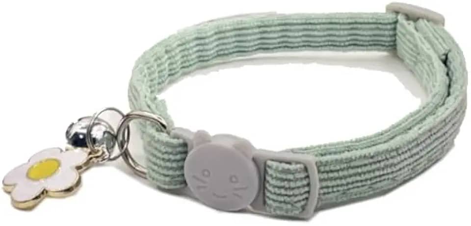 Linda coleira de veludo cotelê ajustável para gatos com pingente de sino e flor para gatos e cães pequenos, verde