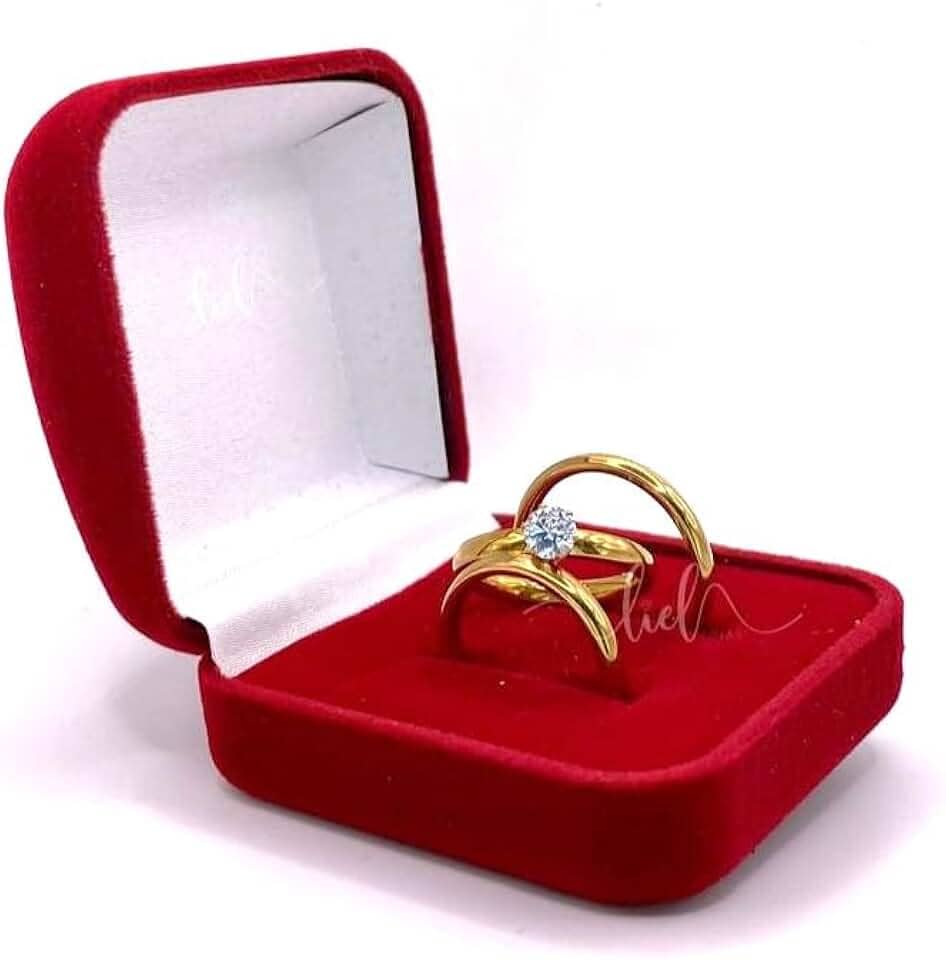 Par De Aliança Lisa Banhada A Ouro 18k Anel Solitário E Caixa Porta Aliança Com Gravação Casamento Noivado