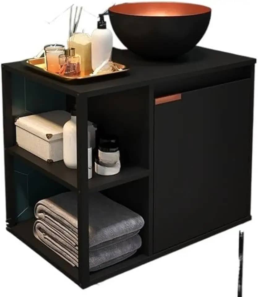 Armário de Banheiro Completo, Conjunto para Lavabo no Estilo Industrial, Combinando Metal e Madeira(Preto)