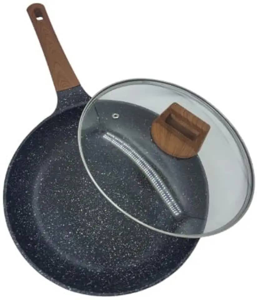 Frigideira Antiaderente 28cm em Alumínio Revestida em Cerâmica Com Tampa Vidro Temperado e Cabo Resistente ao Calor Fundo de Aluminio para Fogão a Gás, Elétrico ou Indução