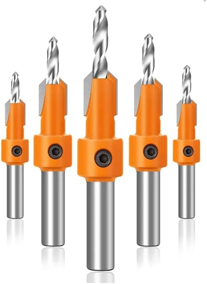 Kit de Brocas Escareadoras com Limitador, 5 Peças, Haste Hexagonal 8mm, para Madeira e MDF, com Chave Allen, Profundidade Ajustável até 14mm