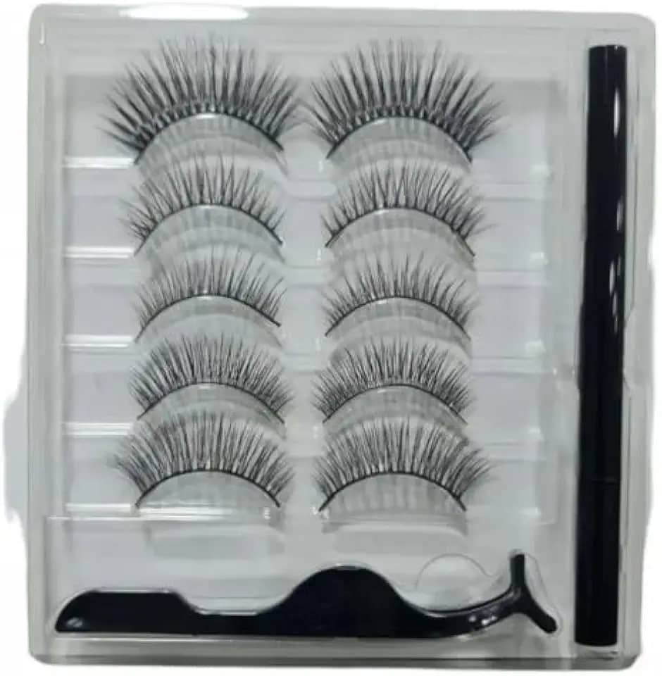 Kit 5 Pares de Cílios Postiços com Delineador Magnético e Pinça, Aplicação Fácil e Durável