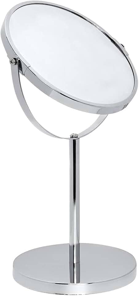 Mimo Style Espelho de Aumento com Base Cor Prata, Dupla Face 360º Rotativo, Lado Normal e Outro Com Ampliação em 5X. Acabamento em Aço Inoxidável de Qualidade e Elegante