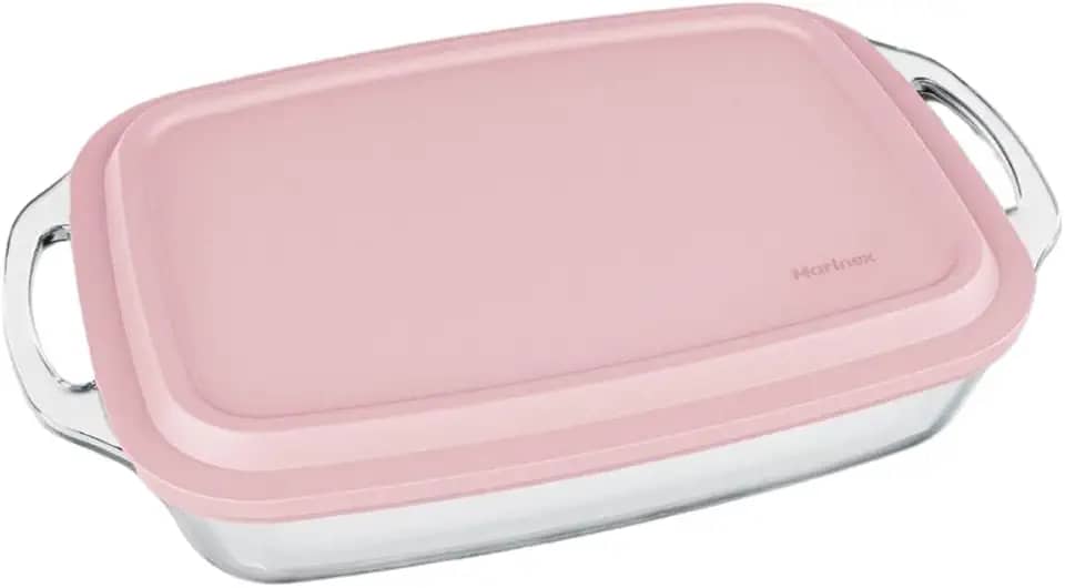 Assadeira Lasanheira Seletta Marinex Seletta Retangular com Alça e Tampa Rosa 3,5L – Vidro Temperado Nadir