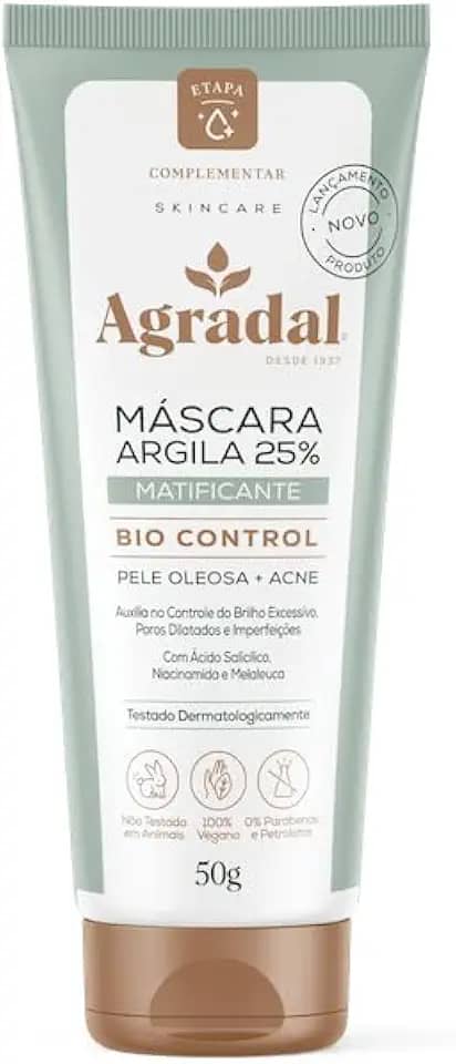 Agradal Máscara Facial de Argila 25%, Matificante Bio Control para Pele Oleosa e Acne, 50g
