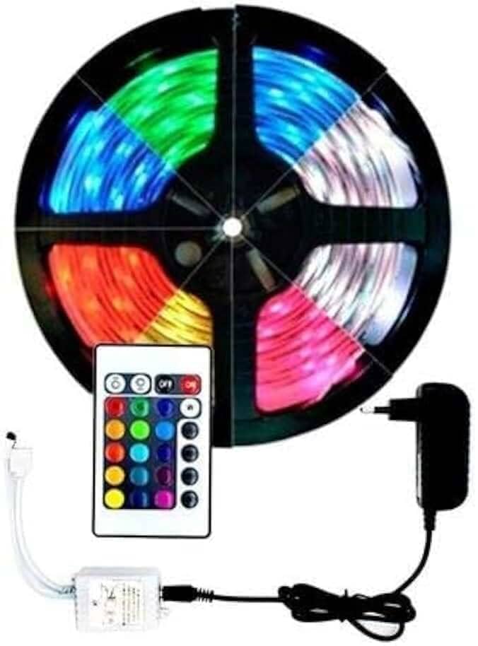 Fita LED RGB 5050 5 Metros IP65 – Kit Completo com Controle Remoto e Fonte Bivolt 110/220V - 12V 3A, 300 Leds, Silicone Impermeável, Adesivo Dupla Face, Corte Personalizado e Efeitos Coloridos