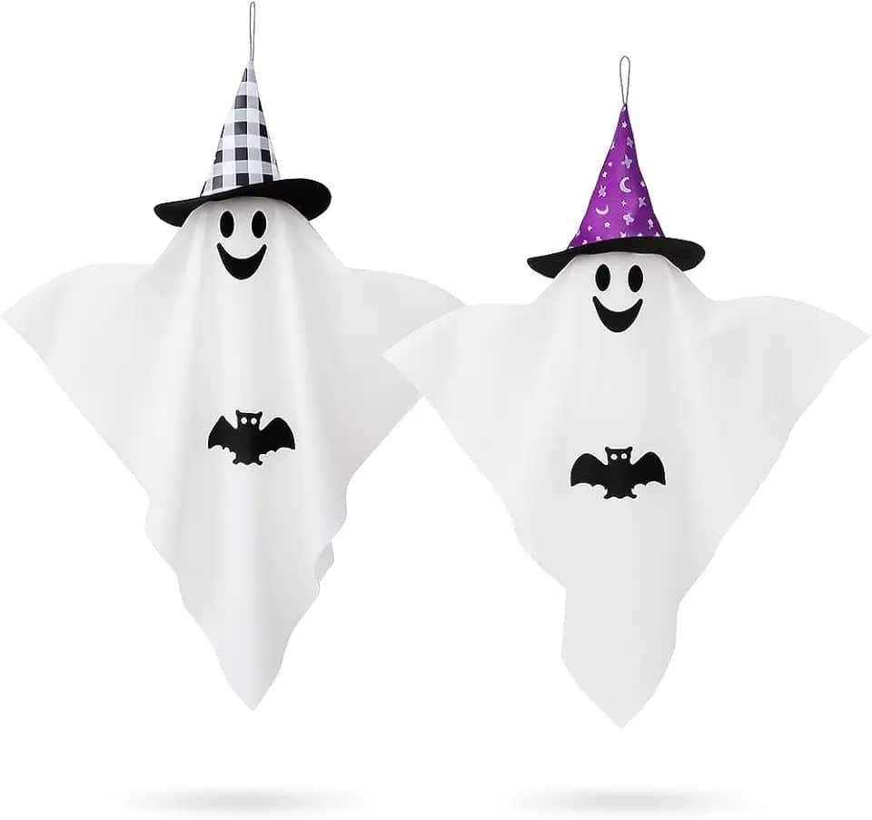 Kit 2 Fantasmas Decorativos Halloween com Chapéu de Bruxa – Enfeites Suspensos com Desenho de Morcego, Ideal para Jardim, Varanda, Festas e Decoração Assustadora