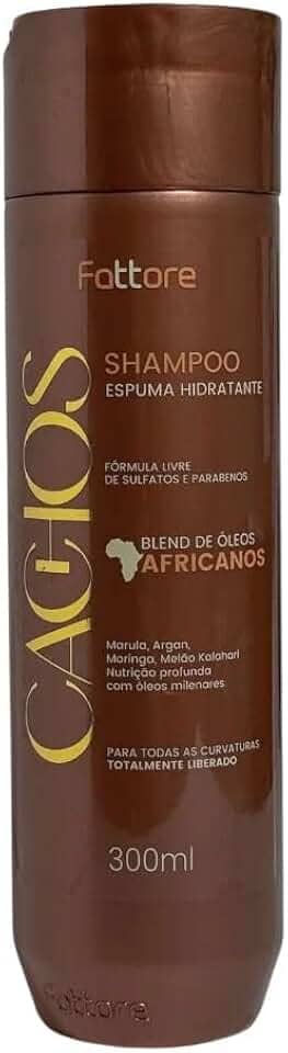 Shampoo Cachos Espuma Hidratante Fattore 300ml Óleos Africanos Limpeza Suave Hidratação Nutrição Definição Cachos Ondulados Cacheados Crespos Curvaturas 2A a 4C