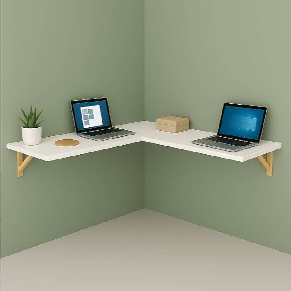 Mesa em L Suspensa para Computador e Notebook - Estilo Industrial com Prateleira e Mão Francesa de Madeira Maciça, Ideal para Home Office e Gamer(Branco)