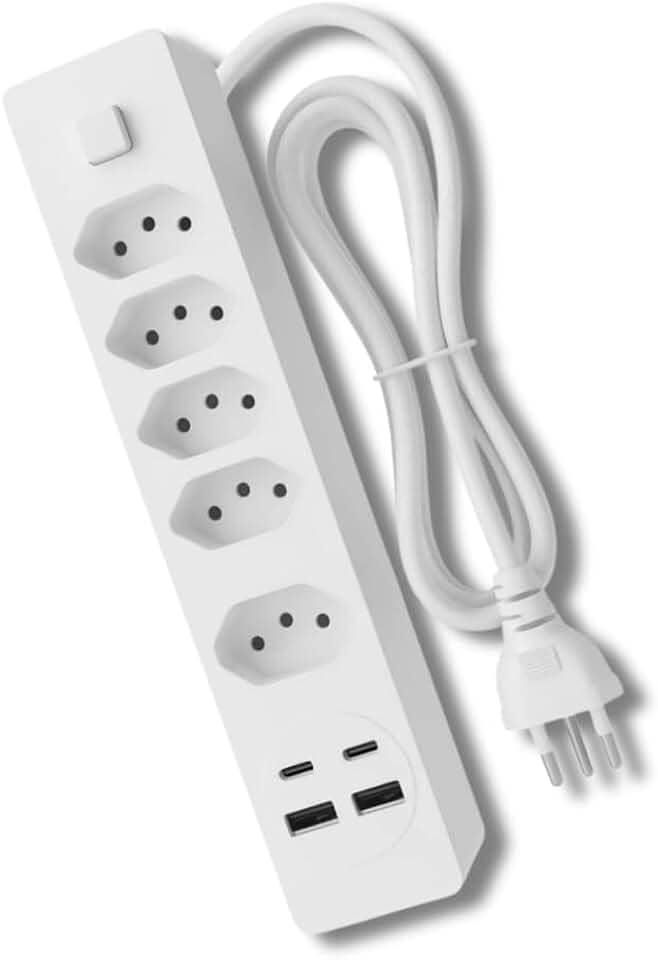 Filtro de Linha Premium 2500W com 5 Tomadas 3 Pinos, 2 USB e 2 USB-C, Cabo Branco Longo, Botão Liga/Desliga, Proteção Elétrica – Extensão Ideal para Casa, Escritório e Eletrônicos