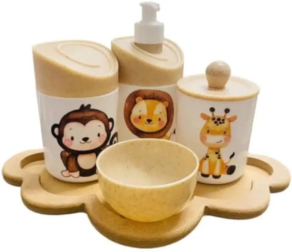 Kit Higiene Safari Leão, macaco, girafa - Tampa Madeira - Nuvem Crua FULL