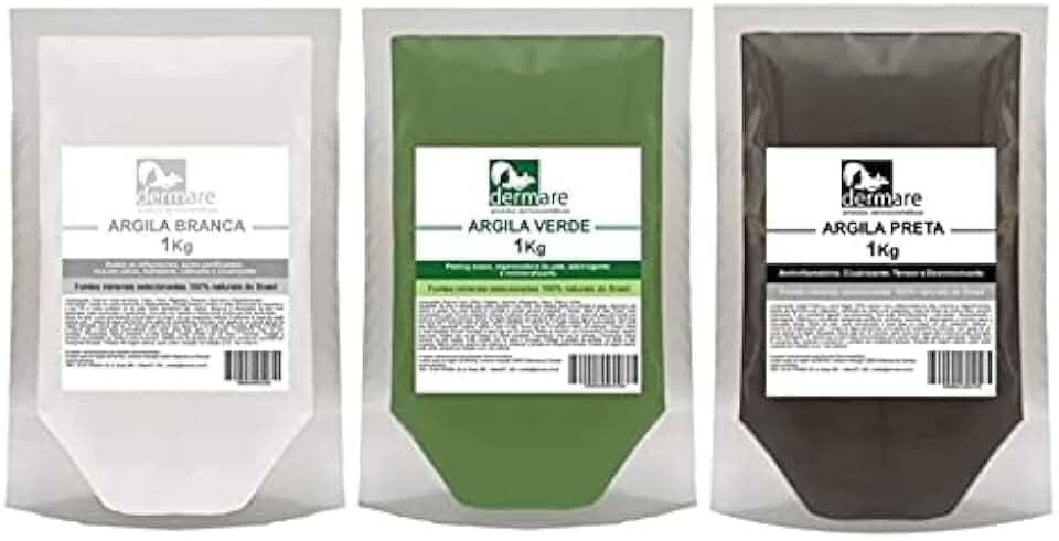 Kit Argilas Branca, Verde E Preta 1kg - Dermare 100% Puras