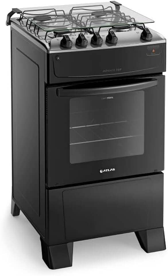 Fogão 4 Bocas Preto com Mesa Inox Atlas Mônaco Top Bivolt