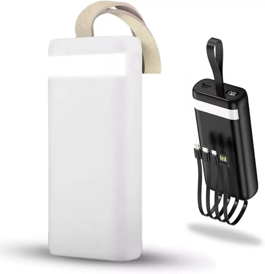 Carregador Portátil Power Bank 20000 mAh Turbo Carregamento Rápido 3.1A, Powerbank com 4 cabos Integrados (USB-C, USB, IOS) Led Bateria, Lanterna. Compatível com Android e IOS - Premium (Branco)