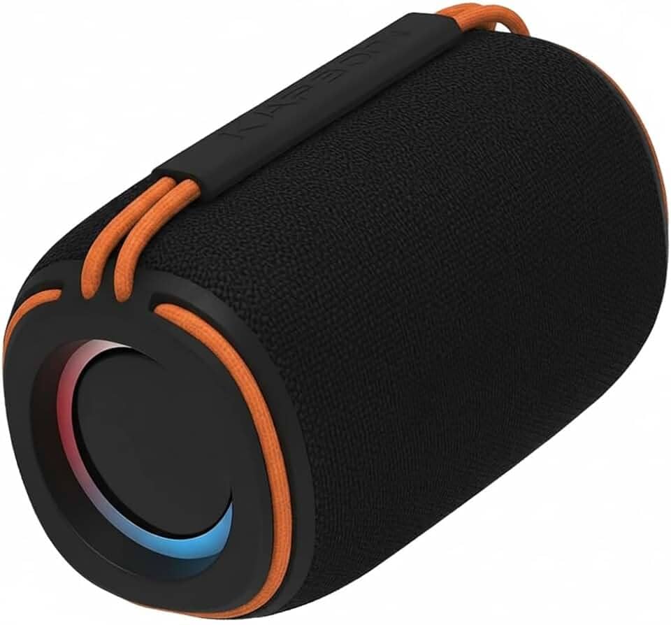 Caixa de Som Bluetooth Portátil, 30W, IPX6 à Prova D'água, Bateria Recarregável, com Rádio FM e USB, Preta e Laranja