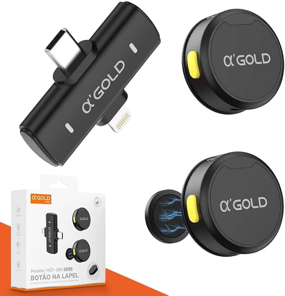 Microfone de Lapela Sem Fio Bluetooth Kit 2 Microfonones Abafamento de Ruído Até 10 Horas Tempo de Trabalho Compatível com Camera, iPhone, Android, PC - Conexão Android e USB-C - Linha AGold Premium