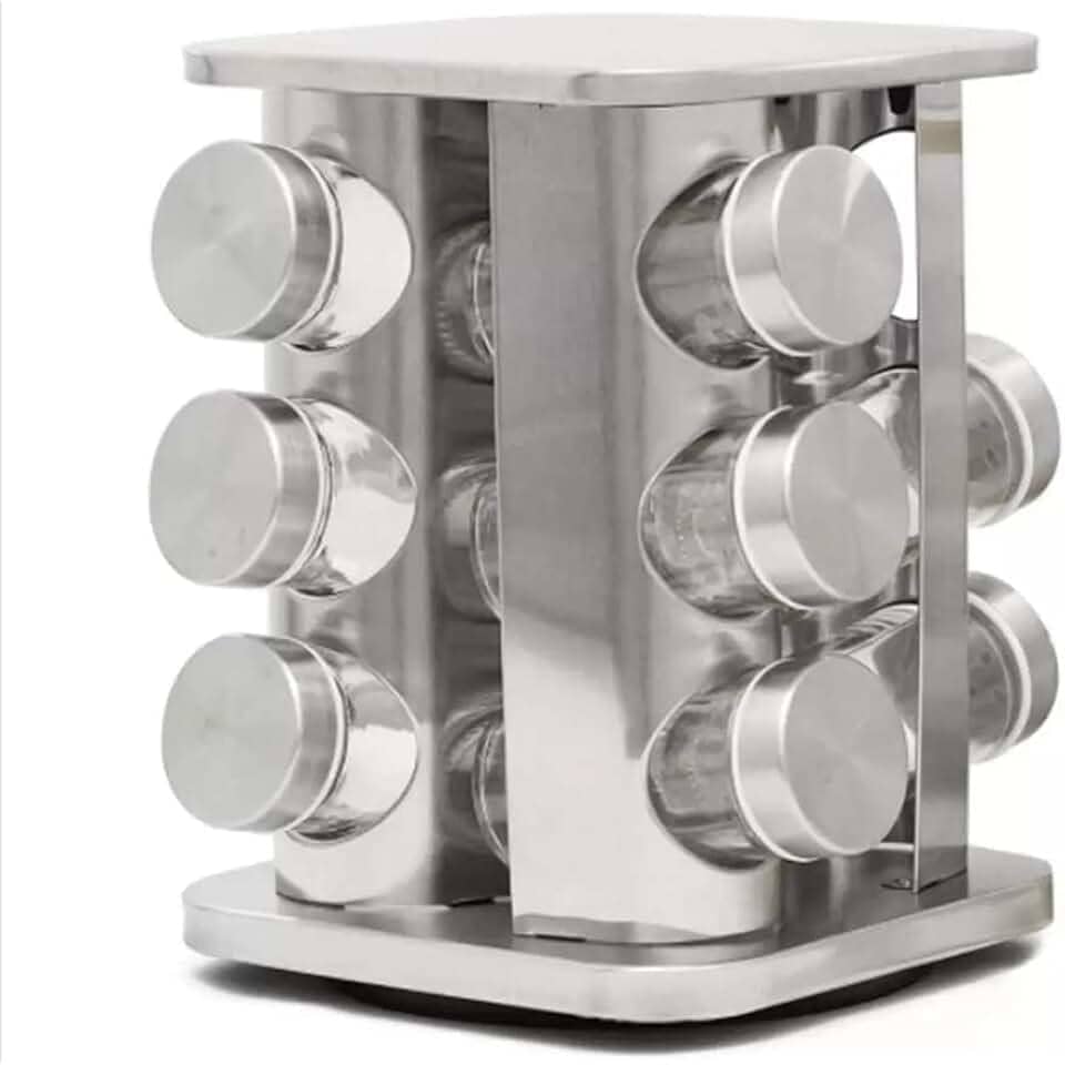 Porta Condimentos Giratório Inox Quadrado 12 Potes Vidro- ZHEN KANG