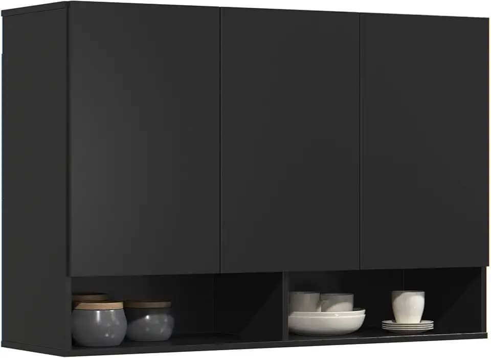 Armário Multiuso Aéreo 3 Portas Milão Parede Suspenso Cozinha Quarto (Preto)