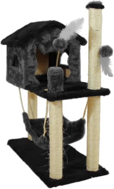 Casa Arranhador Playground Brinquedo Com Rede Poste Sisal Gato – Preto/Cinza