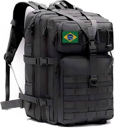 Mochila Militar 50 Litros Reforçada Impermeável Tática a Prova Dagua Grande para Camping Viagem Cargueira Masculina Feminina Notebook Preta com Sistema Molle e Bandeira Next Ecommerce