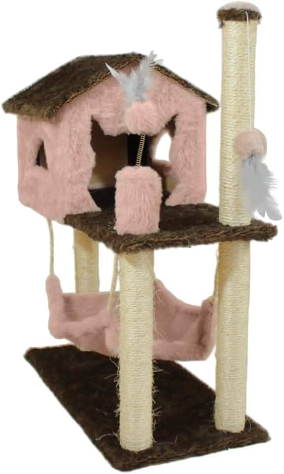 Arranhador Playground Casa para Gato com Brinquedo e Poste de Sisal – Rosa