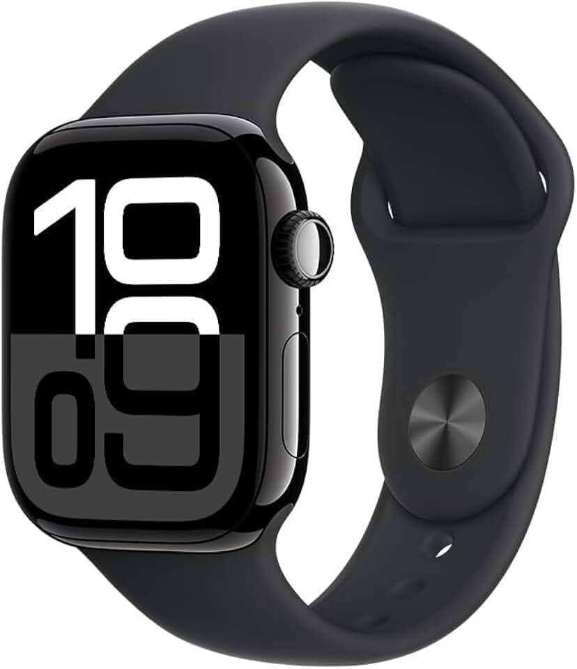 Apple Watch Series 10 GPS • Caixa preta brilhante de alumínio – 42 mm • Pulseira esportiva preta – P/M