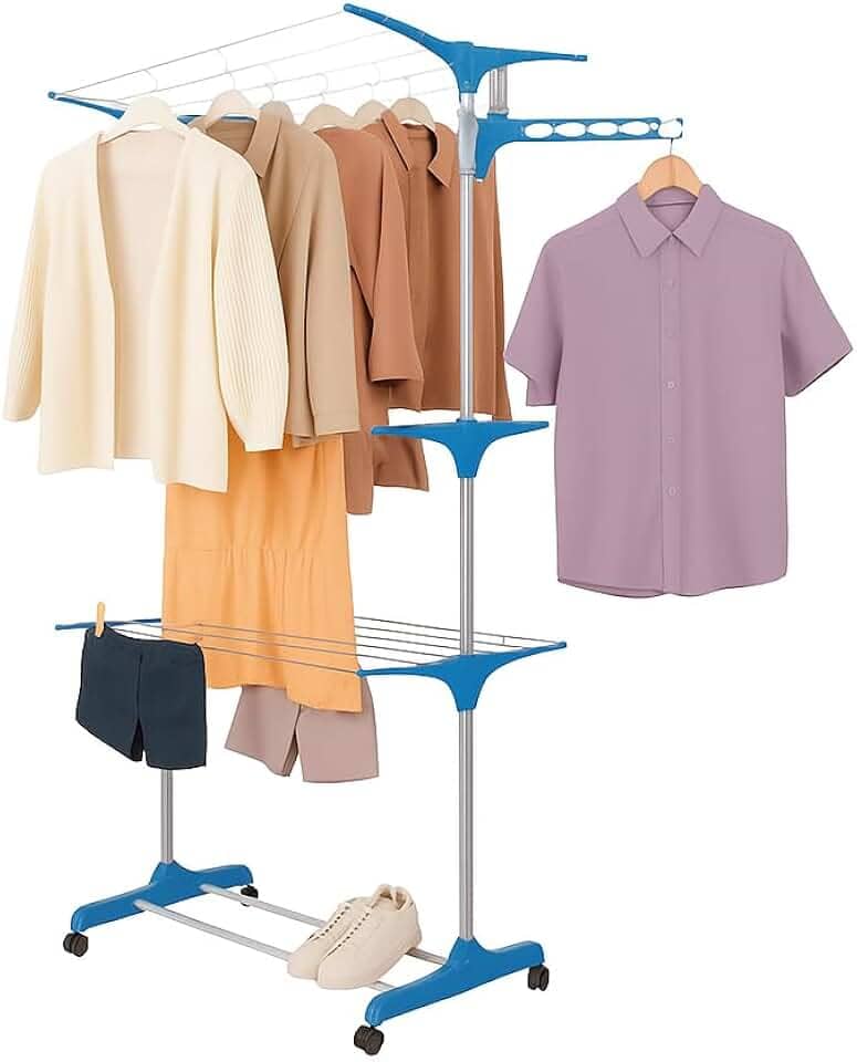 Varal de Chão Dobrável para Secagem Rápida de Roupas - Grande Capacidade até 30 Kg - Retrátil com Rodinhas – 3 Andares Verticais, Reforçado e Compacto, Estrutura Portátil