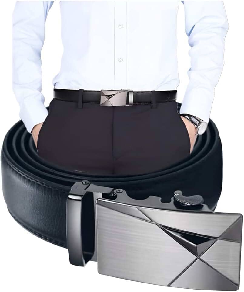 Cinto Social Masculino em Couro com Fivela Automática Geométrica, Design Moderno, Preto