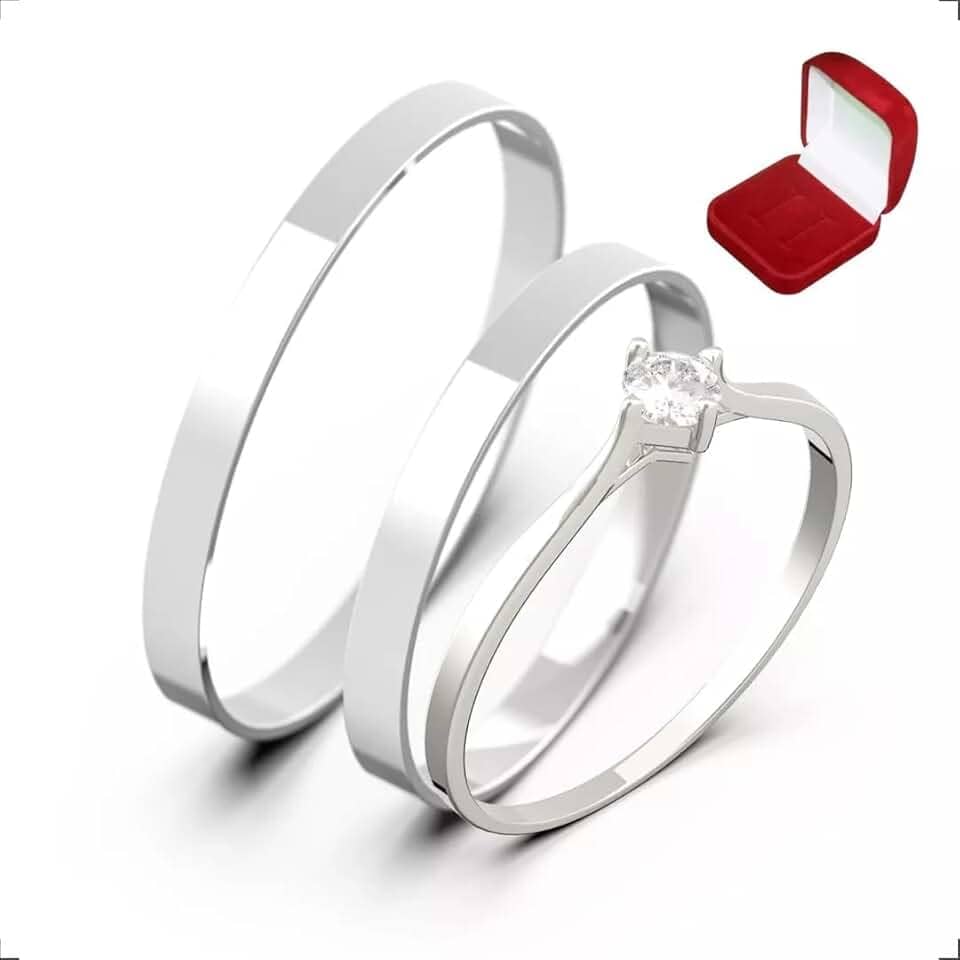 Alianças Italianas Par Aço Inox Prata Namoro Compromisso com Caixa de Veludo e Anel Solitário Bella Bijoux Deluxe