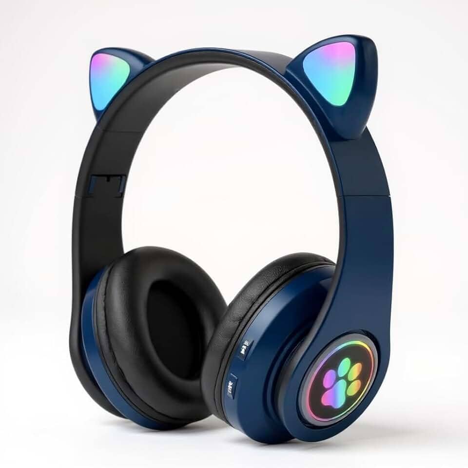 Fone de Ouvido Infantil Bluetooth com Orelhas de Gato, Luzes RGB, Dobrável, Ajustável, Conforto Prolongado e Conectividade Multiuso (Azul)