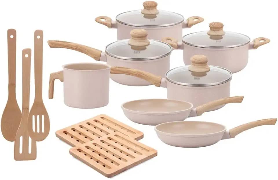 Jogo de Panelas Indução Antiaderente 12 peças, Revestimento Cerâmico, Alumínio Fundo Triplo (Vanilla)